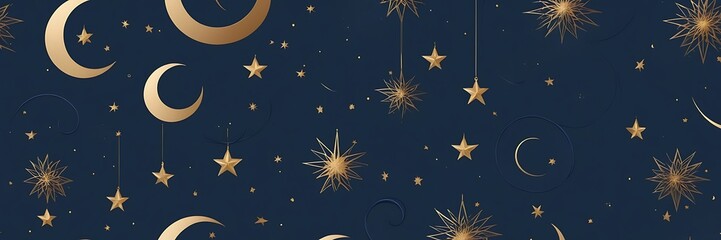 Fototapeta premium Refined 2D Minimalist Background in Deep Blue Hues Featuring Soft Light Effects Elegant Islamic Motifs Gold Accents Hanging Crescent Moons and Subtle Starry Details for a Warm and Spiritual Atmosphere