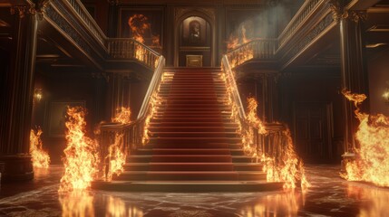 Burning grand staircase in opulent mansion