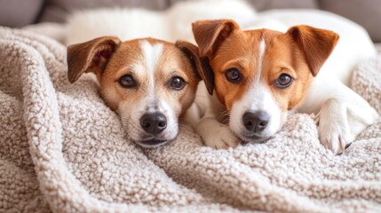 Two Puppies In Bed With Soft Blanket