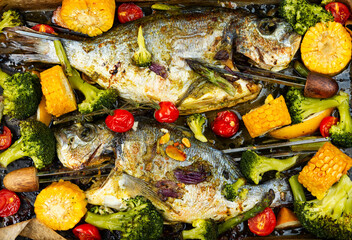 Fried dorado fish, seafood shashlik.