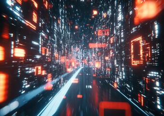 Obraz premium A digital tunnel with glowing red and white squares and rectangles, appearing to be a digital highway