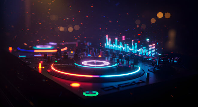 Neon Glow: Dual Turntable DJ Setup with Vivid Audio Visualizer