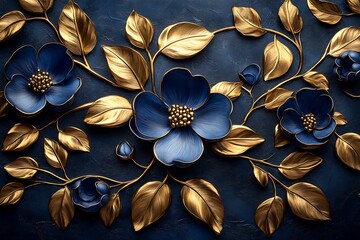Elegant blue and gold floral ornament on dark blue textured background