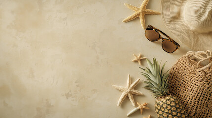 Flat lay of beach accessories on beige background with copy space