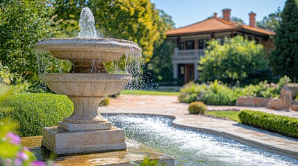 Elegant stone fountain in a landscaped garden