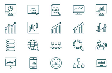 Data Analysis - thin line vector icon set. Pixel perfect. Editable stroke. The set contains icons: Big Data, Artificial Intelligence, Chart, Computer Chip, Diagram, 