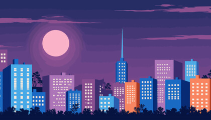Purple Night Cityscape with Full Moon and Colorful Buildings