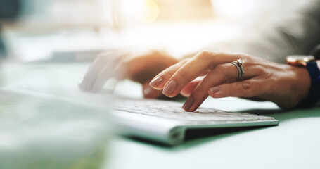 Hands, keyboard and business person typing in office for research, report and journalism on...