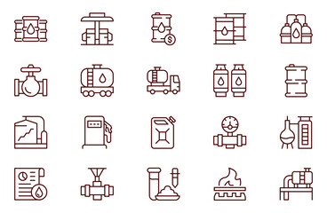 Oil and gas outline icon set. Contains icons oil well, gas station, gasoline, tanker, burner, fuel, canister, petroleum and more.
