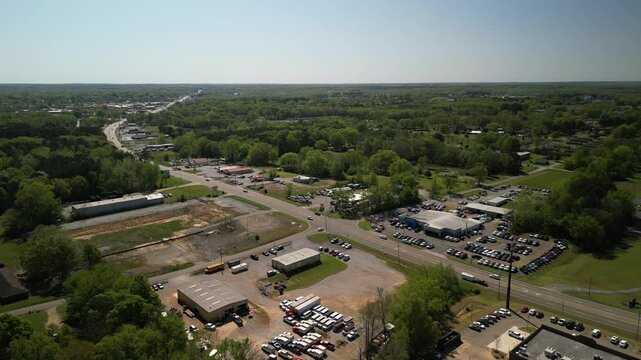 Aerial above Corinthe Mississippi town along highway 72
