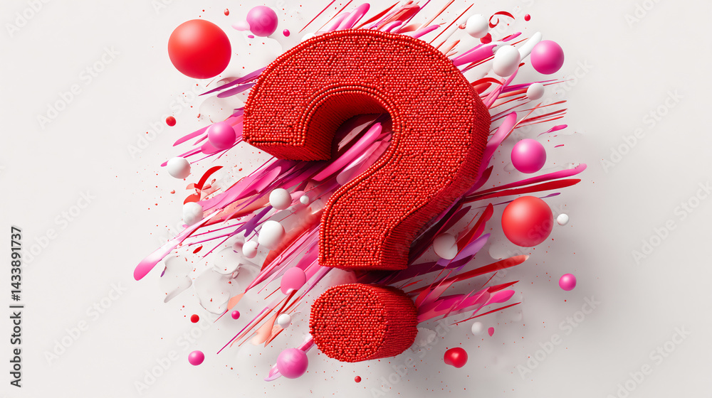 Poster Red question mark made of small spheres, surrounded by pink and white paint splashes and spheres, creating a dynamic and inquisitive visual, suitable for abstract designs