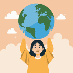 Smiling woman holding globe, peach sky background