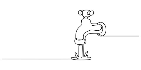 Water tap with flowing water in one line art style. Minimalist illustration for plumbing, water conservation, and environmental topics, Continuous one line drawing of water faucet. One line drawing.