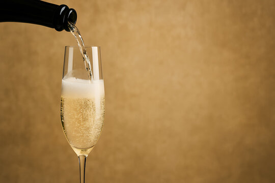 pouring champagne in a glass on black background