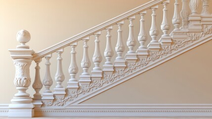 Fototapeta premium Elegant white staircase interior design, ornate banister, cream wall, architectural detail, home decor