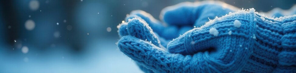 Warm blue knitted glove, delicate white snowflakes  ,  garment,  holiday,  hand