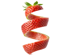 Strawberry peel spiraling like twist isolated on white transparent background