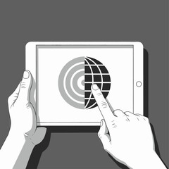 Tablet Displaying Globe and Target Icons Being Touched