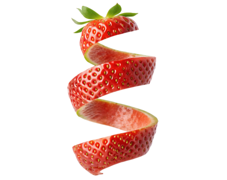 Strawberry peel spiraling like twist isolated on white transparent background