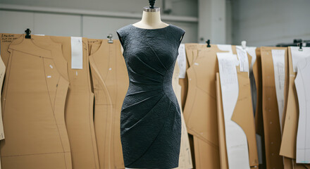 Tailored black dress on mannequin, surrounded by fashion patterns in a modern design studio