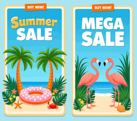 Naklejka premium Summer and Mega Sale Cartoon Beach Banners