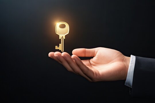 A golden key floats above an outstretched hand, symbolizing opportunity and success