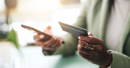 Business woman, hands and phone with credit card for online shopping, banking purchase and rewards...