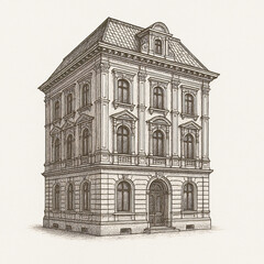 Hand Drawn Vintage European Building – Classic Architectural Line Art Illustration