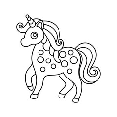 Cute unicorn outline illustration with polka dots childrens coloring page and book design