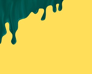 Liquid background with green dripping paint on yellow background 