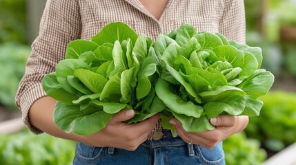 Harvested abundance, a gardener proudly displays a generous bunch of freshly picked, vibrant green lettuce, embodying the joy of homegrown produce.
