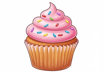 Sweet cupcake dessert with pink icing sprinkles on white background