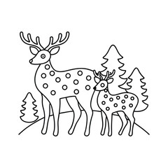 Cute deer family with christmas trees outline illustration perfect for winter holiday coloring pages