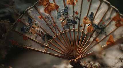 Elegant vintage hand fan with delicate butterfly embroidery design up art on transparent background