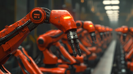 Fototapeta premium A row of red robotic arms in an industrial setting, showcasing advanced automation technology and precision engineering.