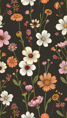 Seamless wallpaper with wild flowers, hand-drawn digital illustration. White tone