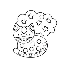 Cute sleeping cat with starry cloud in black and white line art illustration