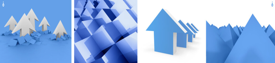 3D arrows point upwards and rank one after another in descending order or pierce chaotically across the surface. Pyramids in perspective. Background of ordered cubes. Business concept of leadership.