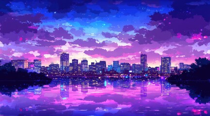 Fototapeta premium City skyline reflected in a calm lake at twilight, vibrant purple and blue hues paint the sky and clouds