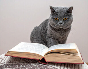 A dignified British Shorthair cat is intently "reading" a large book propped open on a cushion, its serious expression suggesting intellectual curiosity.