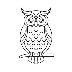 Stylized owl line art illustration perched on branch for coloring pages and designs