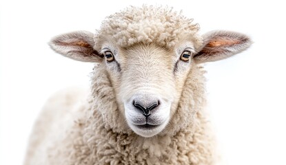 Close-Up Portrait of a Sheep with Soft Wool and Expressive Eyes Against a White Background