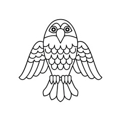 Geometric owl outline with spread wings detailed black and white illustration