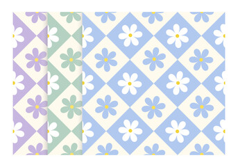 Set of daisy flower on checkered blue, green and purple background. Vector illustration flower seamless pattern for background, wallpaper, wrapping and textile.