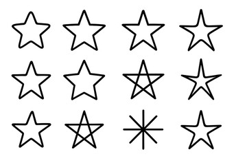 Collection of hand-drawn star icons in various styles for creative design projects and applications