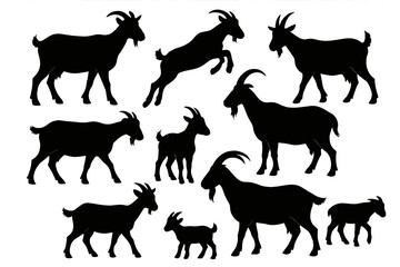 Silhouettes of goats representing various postures and activities in a simple icon set