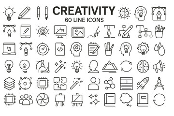 Collection of 60 line icons representing creativity, innovation, and artistic concepts in a modern design style