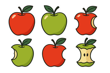 Icon set featuring colorful apple designs with different stages of bites taken