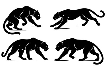Set of four stylized black panther icons showcasing different poses and movements in a minimalist design for creative projects
