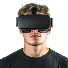 A young man is utilizing a virtual reality headset within an open area, symbolizing concepts of VR, the future, gadgets, and technology